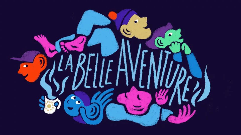 Illustration de Radio La Belle Aventure : des personnages colorés autour du nom de la radio